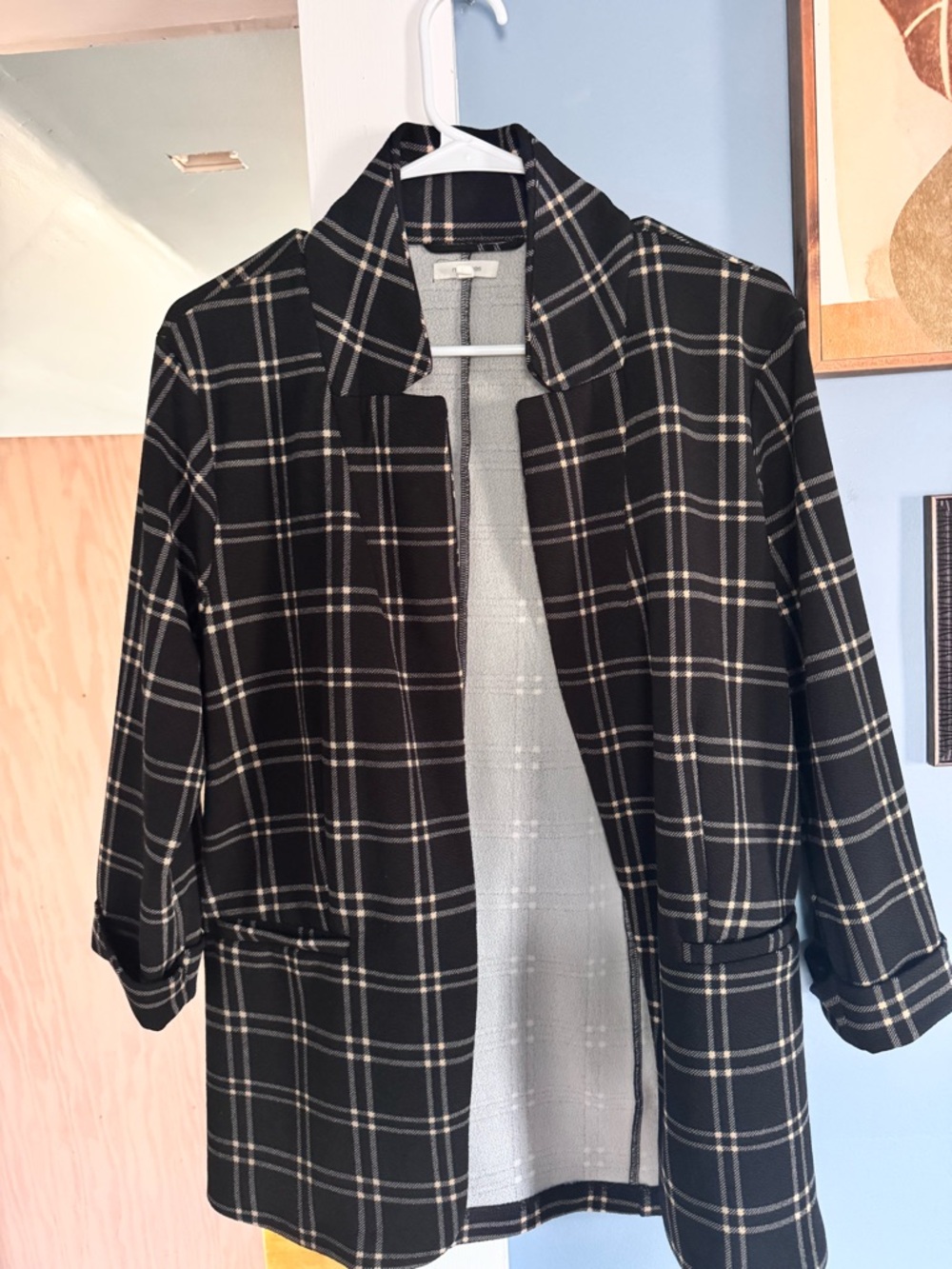 Women's Black Plaid Open-Front Blazer